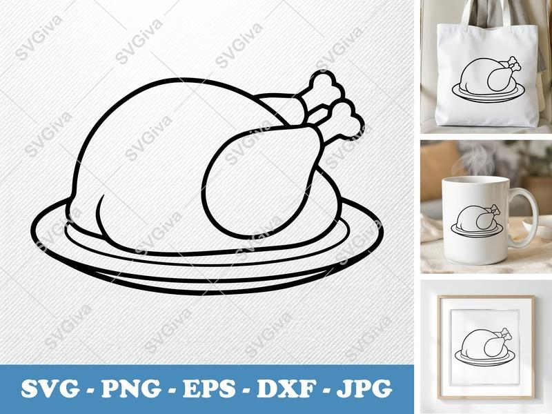 Roast Turkey SVG | Modern Clean Outline Design | PNG EPS DXF | Cricut Silhouette Cut File | Thanksgiving Food Clipart