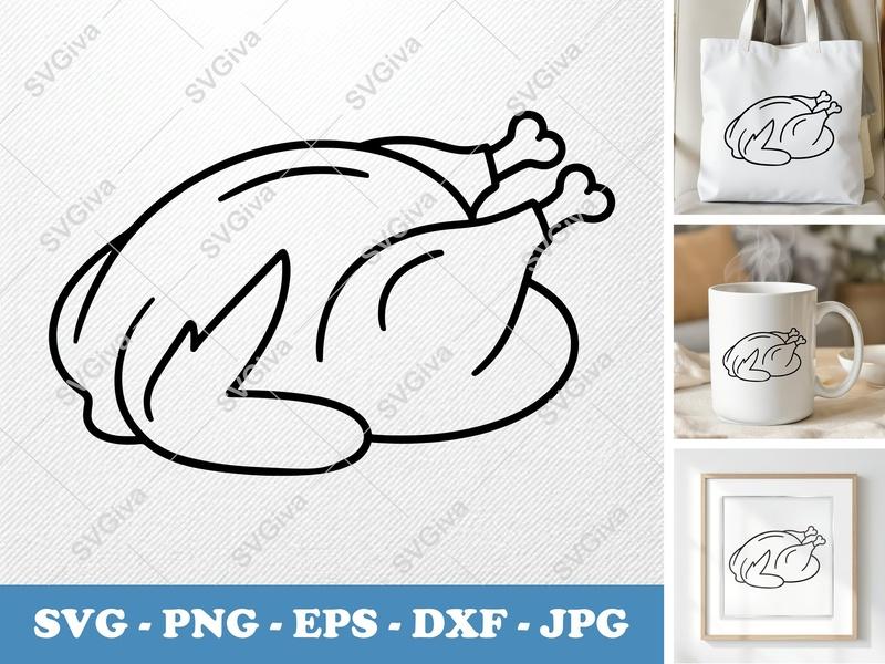 Roast Turkey SVG | Modern Outline Thanksgiving Clipart PNG EPS DXF | Cricut Silhouette Cut File | Holiday Food Vector