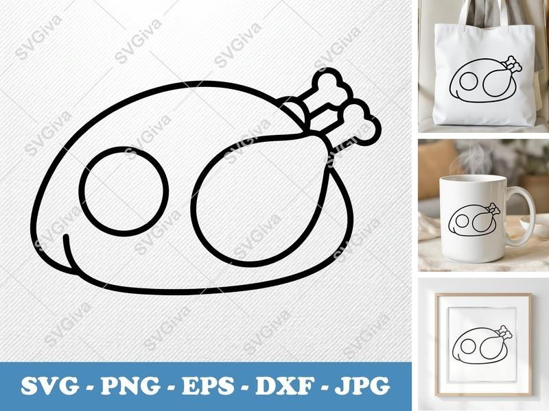 Roast Turkey SVG, Modern Outline Thanksgiving Dinner Clipart, PNG EPS DXF for Cricut & Silhouette, Food Vector