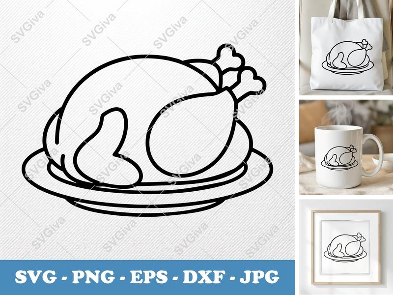 Roast Turkey SVG on a Plate | PNG DXF EPS Cut File for Cricut Silhouette Thanksgiving Food