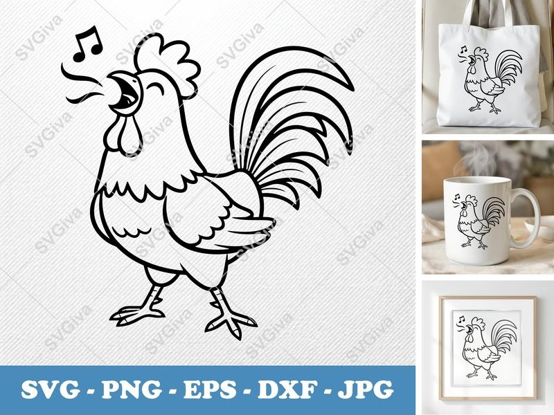 Rooster Crowing SVG, PNG, EPS, DXF | Farm Animal Cut File for Cricut, Silhouette | Modern Chicken Outline Design