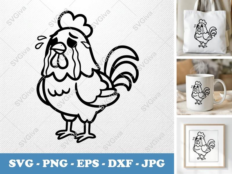 Rooster Crying SVG | Sad Chicken PNG, EPS, DXF | Farm Animal Clipart for Cricut, Silhouette | Humorous Cut File