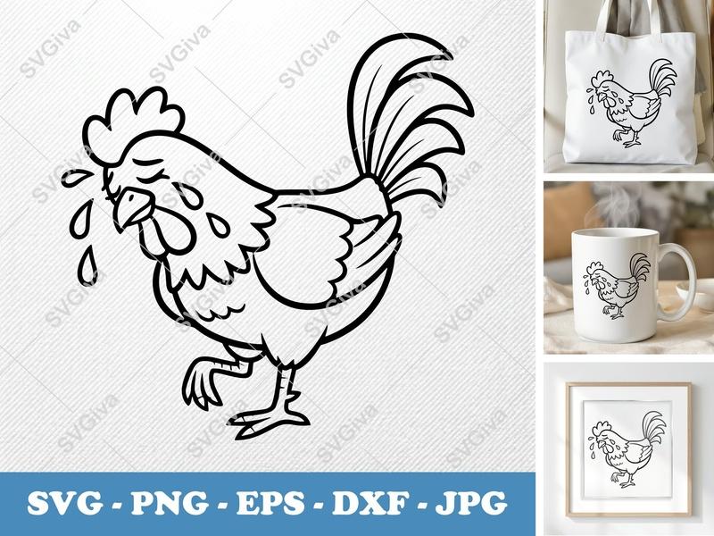 Rooster Crying SVG | Sad Chicken PNG, EPS, DXF | Farm Animal Cut File for Cricut, Silhouette | Humorous Bird Design
