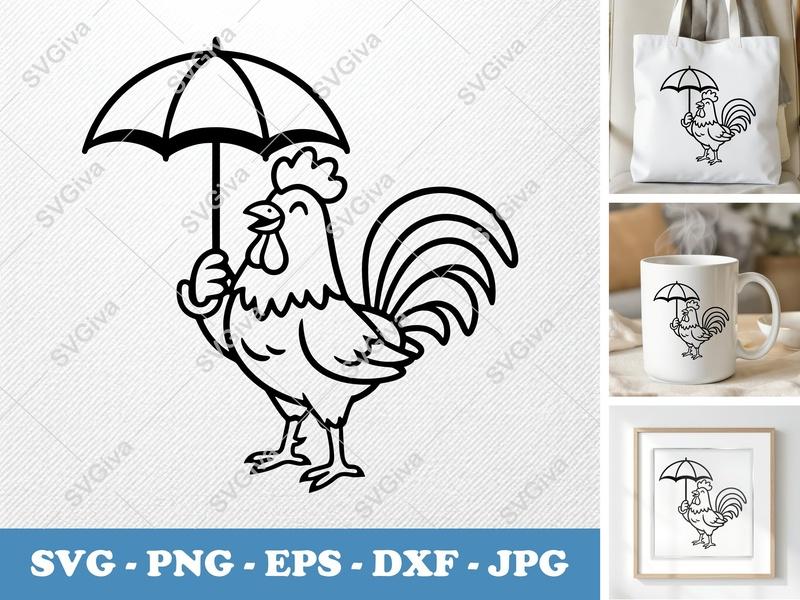 Rooster Holding Umbrella SVG | Friendly Bean-Shaped Cut File | PNG DXF EPS | Cricut Silhouette Ready