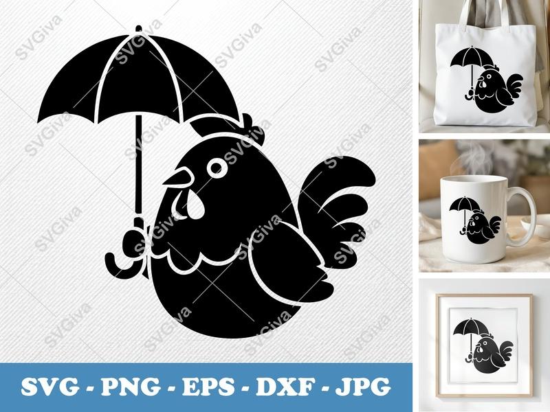 Rooster Holding Umbrella SVG | Puffy Soft Forms | Inflated Pillow-Soft Design | PNG DXF EPS | Cricut Silhouette File