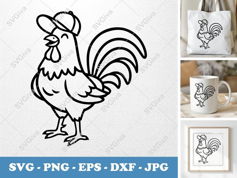 Rooster in a Cap SVG | Friendly Rounded Body Bean-Shaped Forms | PNG, DXF, EPS | Cricut, Silhouette Compatible