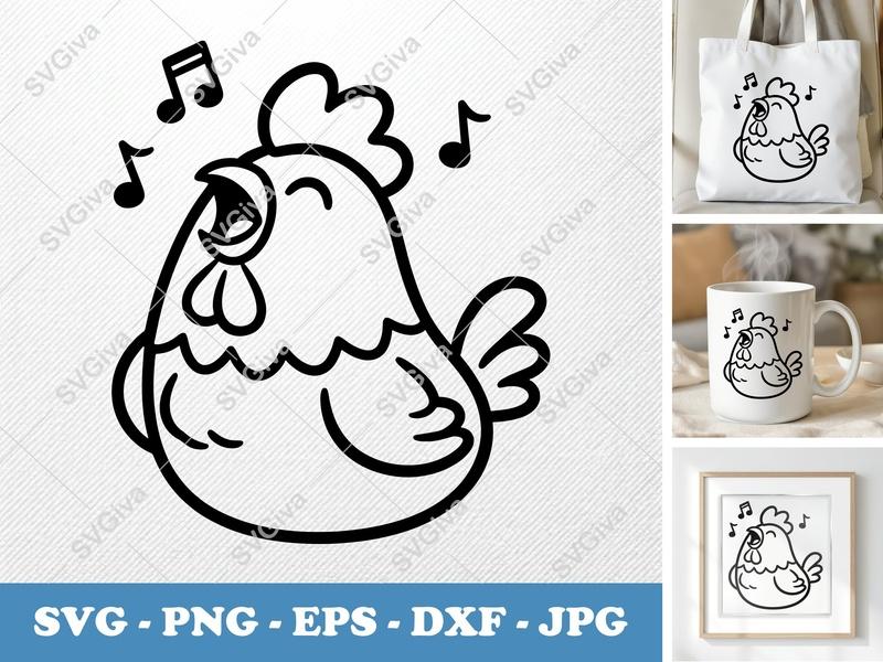 Rooster Singing SVG | Cartoon Animal PNG, EPS, DXF | Farm Bird Cut File for Cricut & Silhouette | Musical Hen Clipart