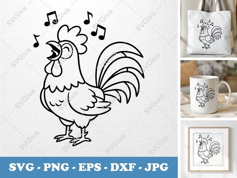 Rooster Singing SVG | Friendly Bean-Shaped Cut File | PNG DXF EPS | Cricut Silhouette Ready