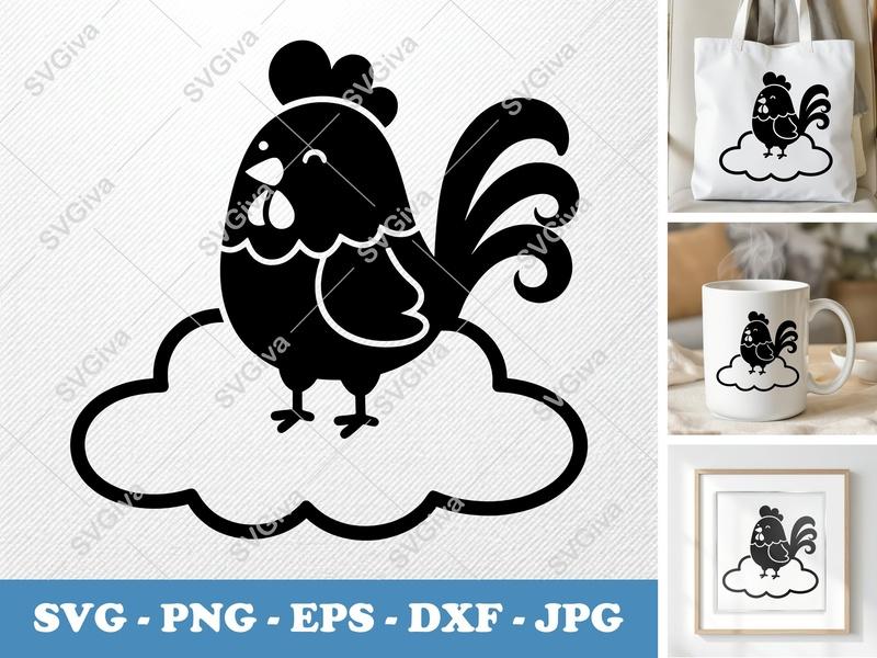 Rooster Sitting on a Cloud SVG | Friendly Rounded Bean-Shaped Design | PNG DXF EPS | Cricut Silhouette File