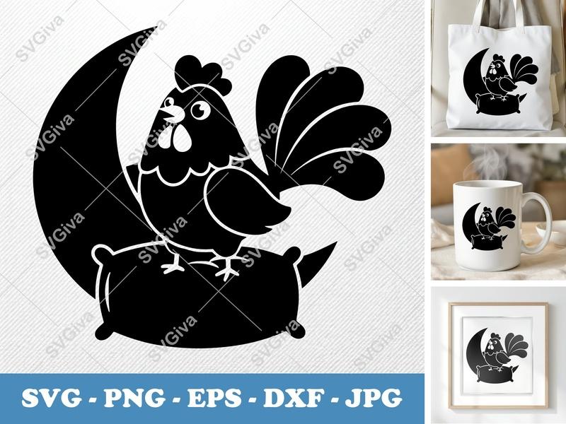Rooster Sitting on Moon SVG | Puffy Soft Shapes | Inflated Pillow Art | PNG DXF EPS | Cricut Silhouette File