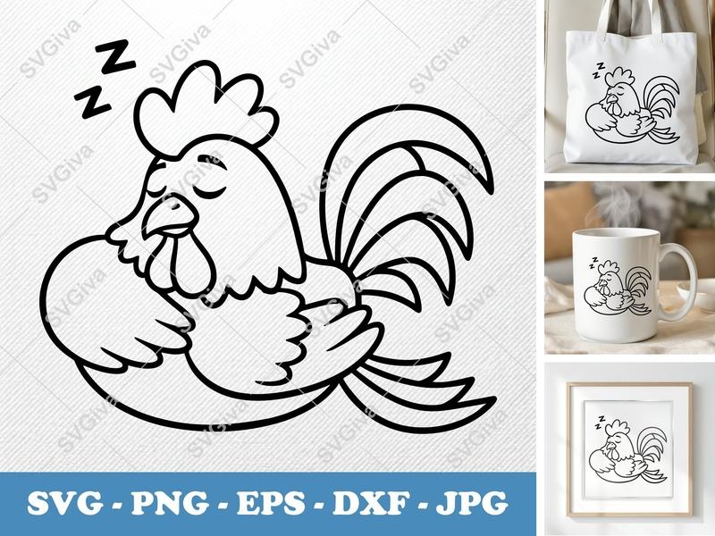Rooster Sleeping SVG | Friendly Rounded Bean-Shaped Design | PNG DXF EPS | Cricut Silhouette File