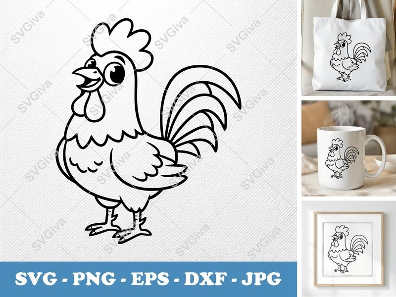 Rooster Smiling Happily SVG | Friendly Rounded Body Bean Shape | PNG DXF EPS | Cricut Silhouette File