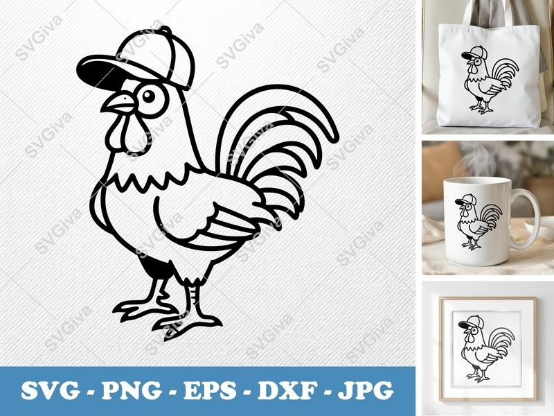 Rooster SVG, Baseball Cap Chicken Cut File, Farm Animal Vector, PNG EPS DXF | Cricut & Silhouette Design
