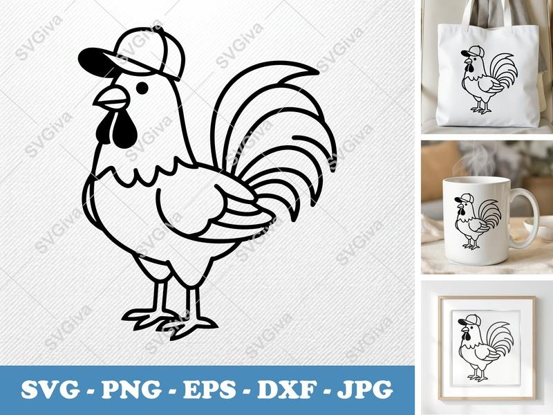 Rooster SVG, Baseball Hat Rooster PNG EPS DXF | Farm Animal Cut File for Cricut, Silhouette, Shirt Design, Clipart