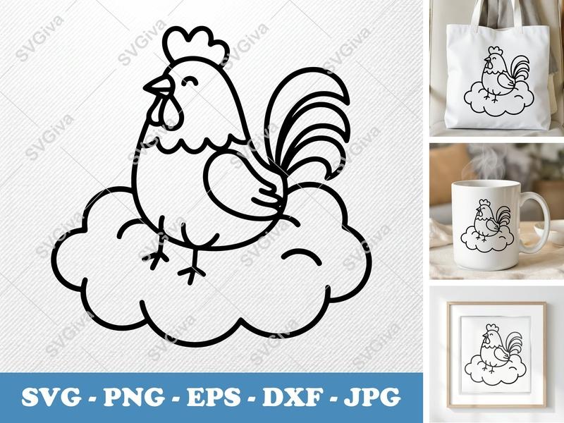 Rooster SVG, Cartoon Farm Animal Clipart, Line Art Chicken on Cloud PNG EPS DXF for Cricut | Silhouette Cut File