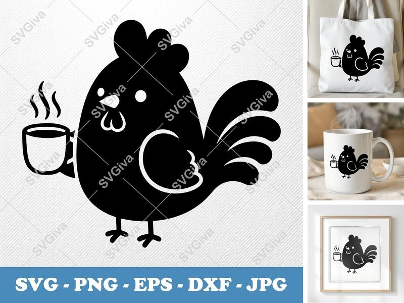Rooster SVG Coffee Morning, Cute Farm Animal, PNG EPS DXF | Cricut Silhouette Cut File, Modern Clean Design