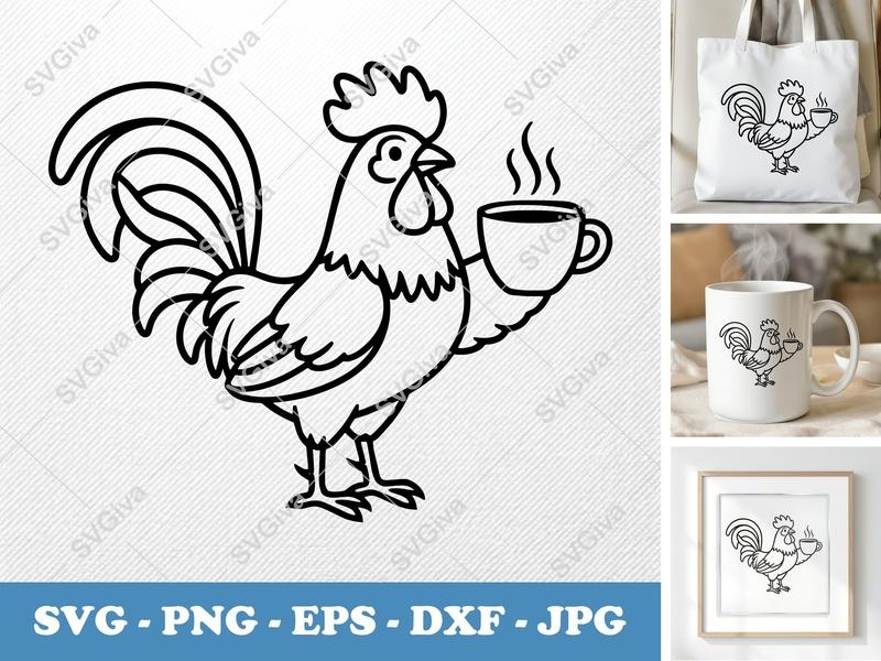 Rooster SVG Coffee Mug Cut File | Modern Farm Animal PNG EPS DXF | Cricut Silhouette Design | Kitchen Decor