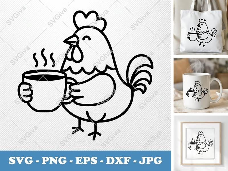 Rooster SVG, Coffee Mug Cut File | Modern Farm Animal PNG EPS DXF for Cricut & Silhouette, Morning Brew Clipart