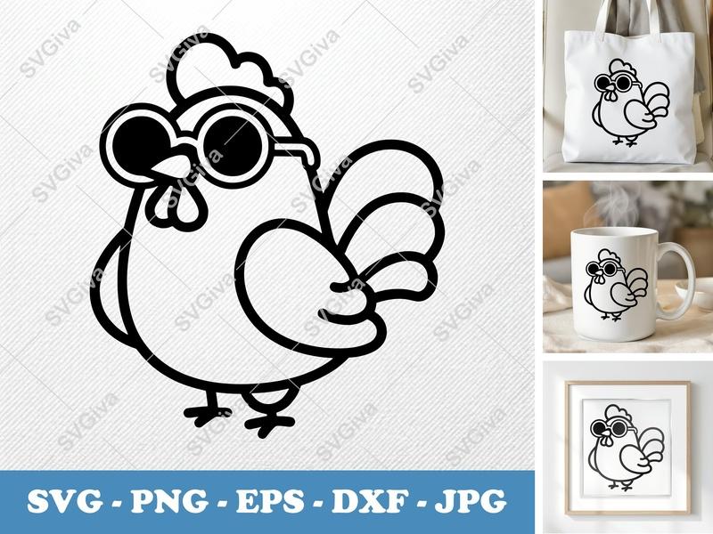 Rooster SVG, Cool Chicken with Sunglasses | Farm Animal Cut File | PNG, EPS, DXF for Cricut & Silhouette
