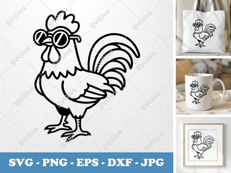 Rooster SVG, Cool Chicken with Sunglasses, Modern Farm Animal Design | PNG EPS DXF | Cricut Silhouette File