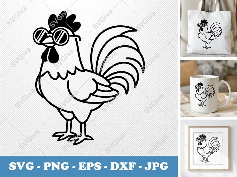 Rooster SVG, Cool Chicken with Sunglasses | Modern Farm Animal PNG EPS DXF | Cricut Silhouette Cut File
