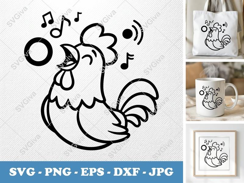 Rooster SVG | Crowing Farm Animal Cut File | Music Notes | PNG EPS DXF | Cricut Silhouette Design | Modern Rooster