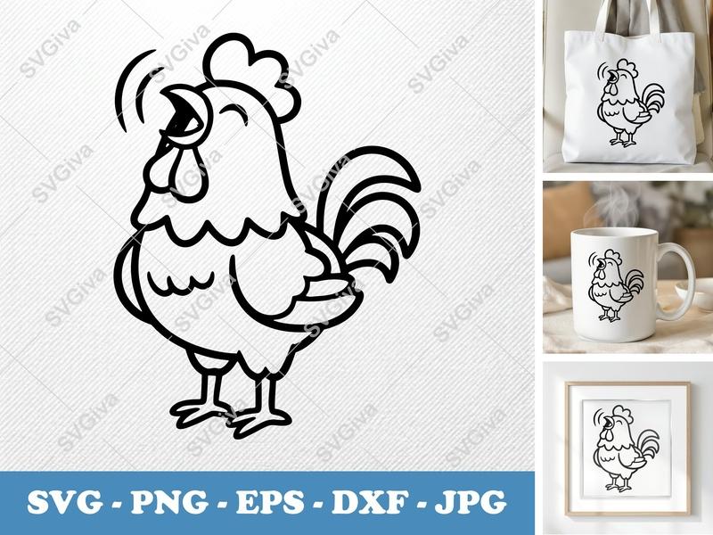 Rooster SVG | Crowing Farm Animal | Modern Clean Line Art | PNG EPS DXF for Cricut Silhouette Cutting Machines