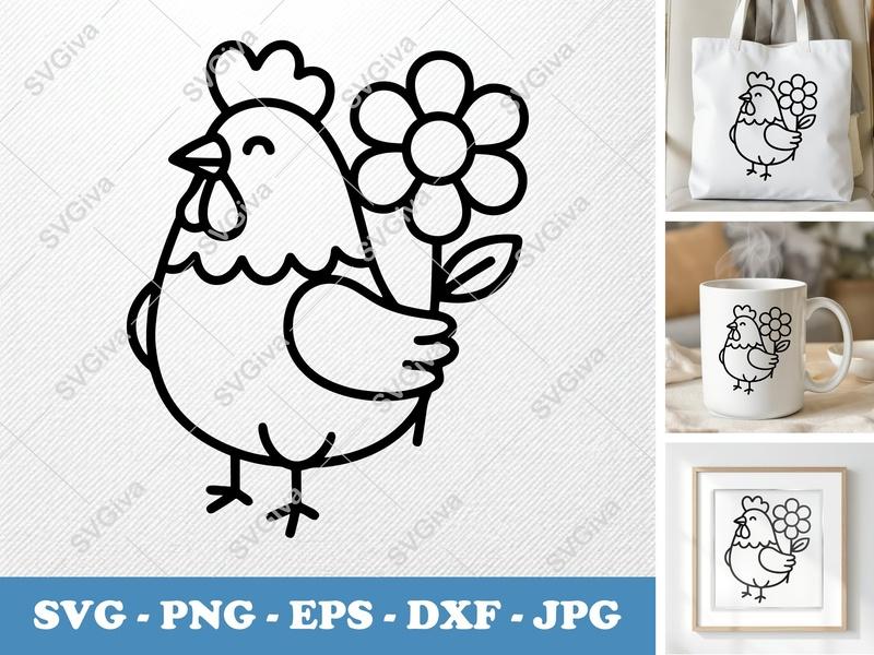 Rooster SVG | Cute Cartoon Chicken with Flower | Farm Animal PNG EPS DXF | Cricut Silhouette Cut File | Modern Easter Spring Design