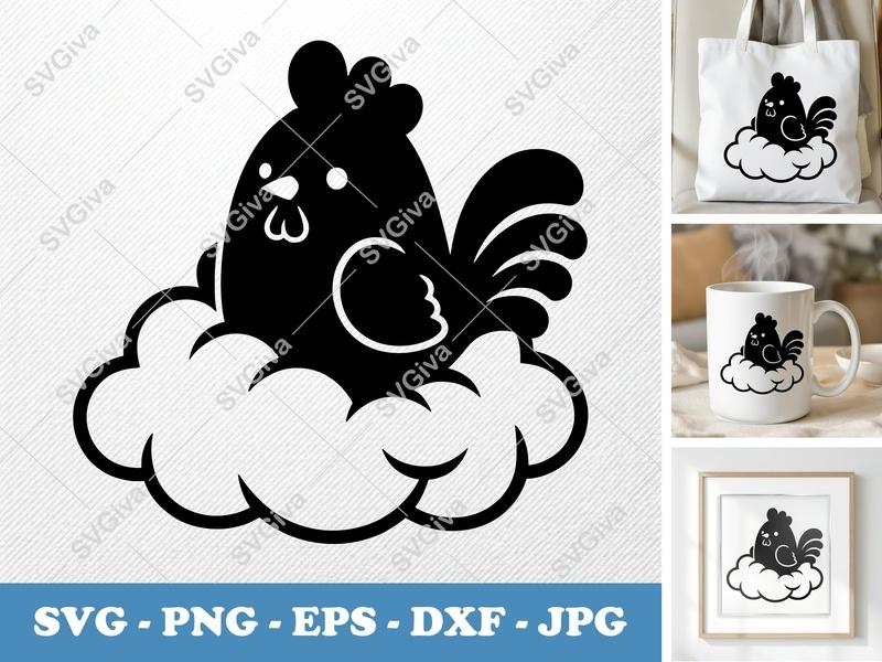 Rooster SVG, Cute Chicken in Cloud Cut File | PNG EPS DXF | Cricut Silhouette Farm Animal Vector Art