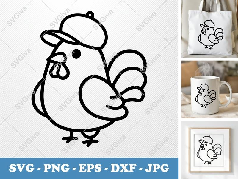 Rooster SVG | Cute Chicken in Hat | Farm Animal Clipart | PNG EPS DXF for Cricut Silhouette