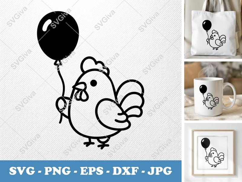 Rooster SVG, Cute Chicken with Balloon PNG EPS DXF | Farm Animal Clipart for Cricut, Silhouette | Kids Craft Vector
