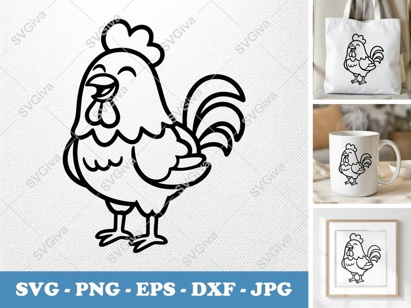 Rooster SVG | Cute Farm Animal Outline PNG EPS DXF | Chicken Clipart for Cricut, Silhouette