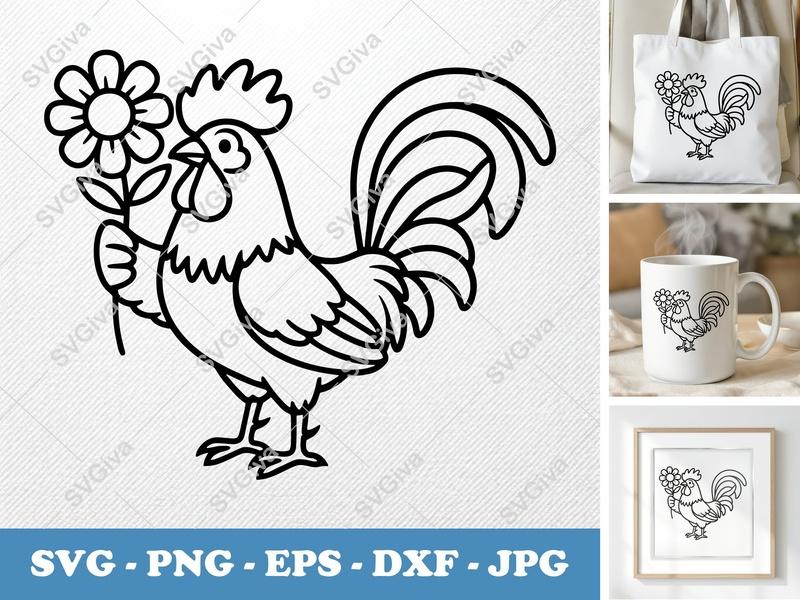 Rooster SVG, Flower Holding Rooster | PNG EPS DXF | Farm Animal Cut File for Cricut, Silhouette, Modern Farmhouse Decor