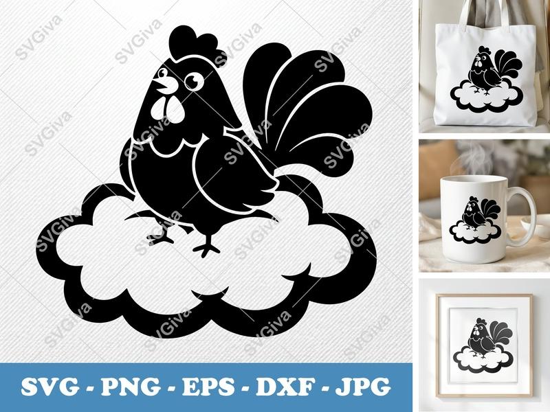 Rooster SVG, Inflated Pillow Soft Rooster on Cloud, Puffy Shapes | PNG DXF EPS | Cricut Silhouette File