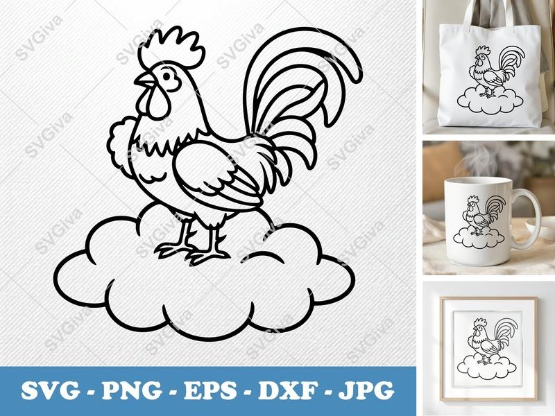 Rooster SVG, Modern Farm Animal Clipart | PNG, EPS, DXF | Cricut, Silhouette Cut File | Chicken Outline Vector