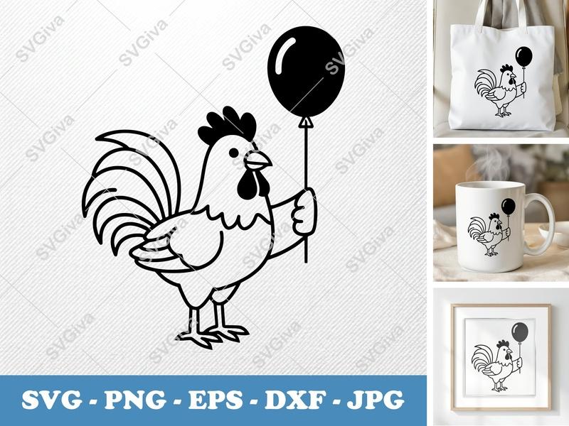 Rooster SVG, Modern Rooster with Balloon, Farm Animal Cut File, SVG PNG EPS DXF for Cricut, Silhouette