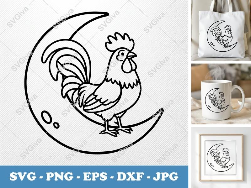 Rooster SVG, Moon Outline Cut File, Farm Animal PNG EPS DXF for Cricut, Silhouette, Modern Line Art Digital Download