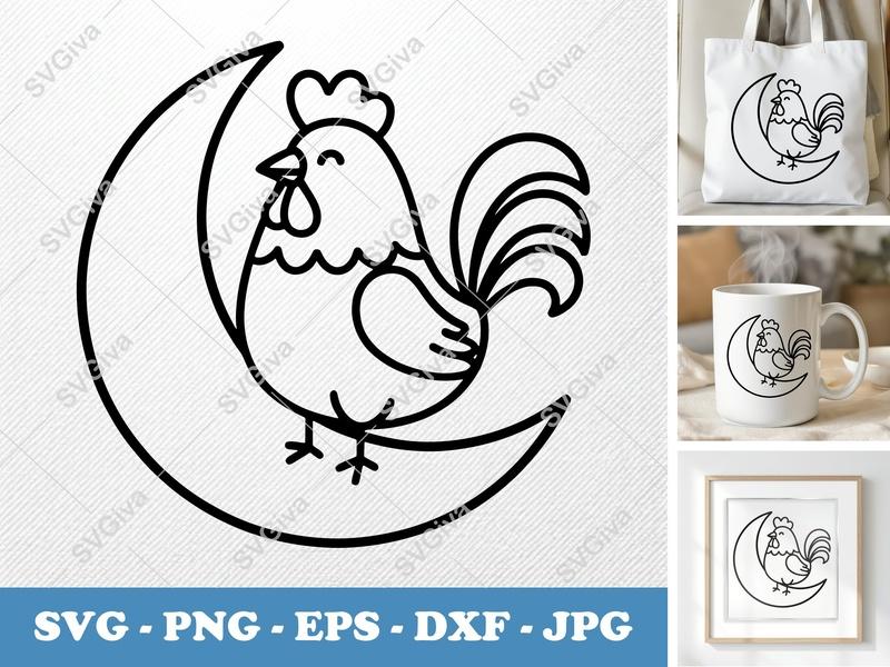 Rooster SVG, Moon Rooster Cut File, Chicken PNG EPS DXF, Farm Animal Vector for Cricut & Silhouette, Modern Line Art