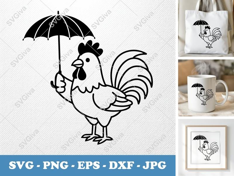 Rooster SVG, Umbrella Chicken File, Farm Animal Clipart, Modern Design | PNG EPS DXF for Cricut Silhouette