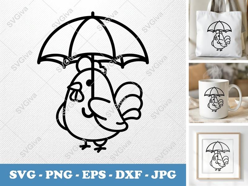 Rooster SVG, Umbrella Chicken PNG EPS DXF | Farm Animal Cut File for Cricut, Silhouette, Modern Line Art