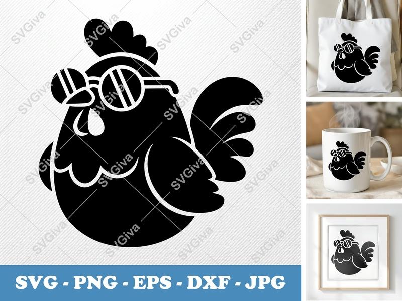 Rooster Wearing Sunglasses SVG | Puffy Cartoon Rooster Cut File | Inflatable Animal Design PNG DXF EPS for Cricut Silhouette