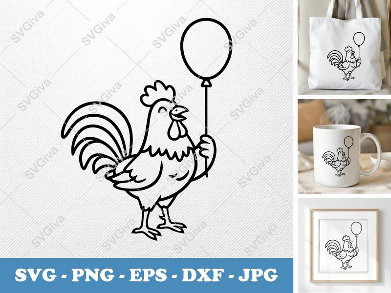 Rooster with balloon SVG | Friendly Rounded Body Bean-Shaped Forms | PNG DXF EPS | Cricut Silhouette File