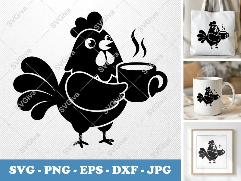 Rooster with Coffee Cup SVG | Puffy Soft Forms | PNG DXF EPS | Cricut Silhouette Cut File