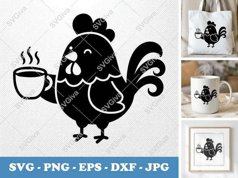 Rooster with Coffee Cup SVG | Rounded Bean-Shaped Friendly Rooster | PNG DXF EPS | Cricut Silhouette File