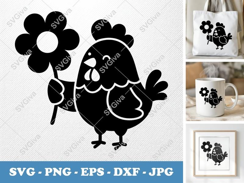 Rooster with Flower SVG | Friendly Bean-Shaped Design | PNG DXF EPS | Cricut Silhouette File