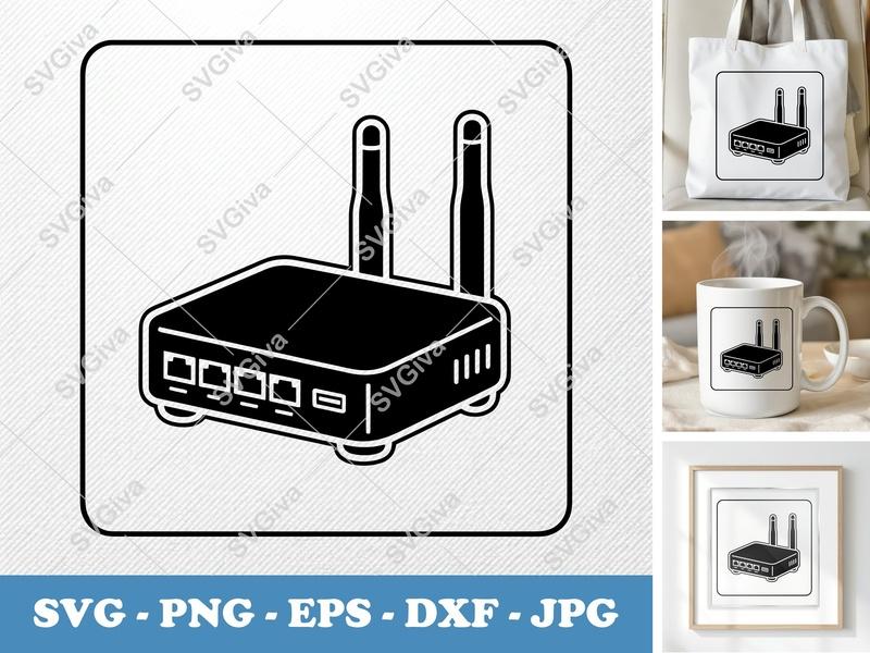 Router SVG | Modern Network Device Clipart with Antennas | PNG EPS DXF for Cricut, Silhouette