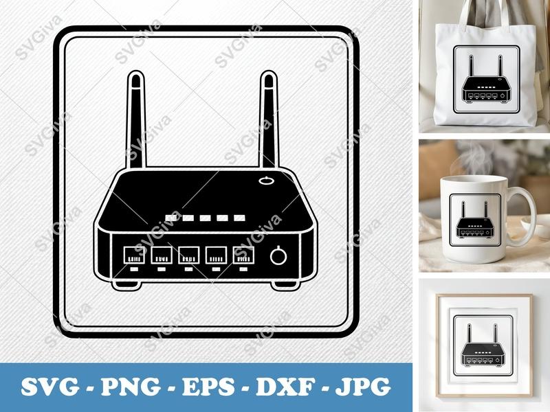 Router SVG, Modern Network Device Cut File, WiFi Icon, PNG EPS DXF for Cricut & Silhouette, Home Office Clipart