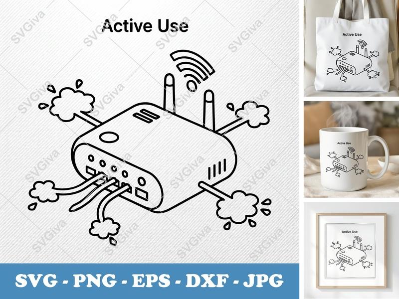 Router SVG | Modern Network Device Cut File, WiFi Signal, Wires, Cloud | PNG EPS DXF for Cricut, Silhouette