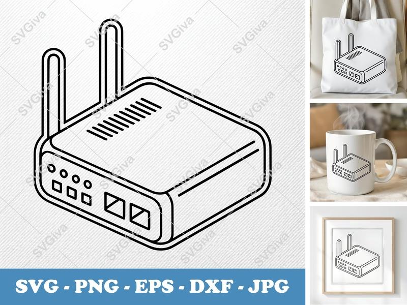 Router SVG | Modern Network Device Outline Cut File | PNG EPS DXF for Cricut Silhouette | Technology Icon Clipart