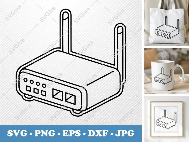 Router SVG | Modern Network Device Outline | PNG EPS DXF | Cricut Silhouette Cut File, WiFi Signal Icon